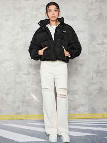 SHEIN 少女字母拼接落肩衬垫大衣 - 黑色 - 查看 3