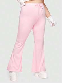 ROMWE Kawaii Plus Solid Knot Flare Leg Pants - Pink - View 9
