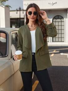 SHEIN LUNE Waterfall Collar Open Front Coat - Army Green - View 3
