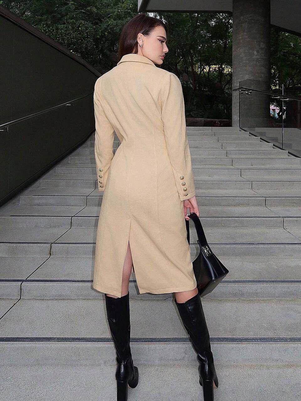 Lapel Neck Button Front Tweed Overcoat