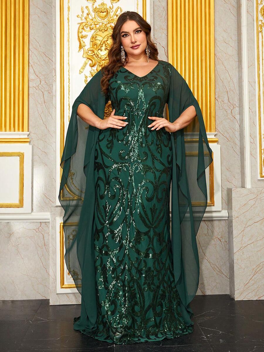 YISIKADO Plus Contrast Sequin Formal Dress - Dark Green - View 1