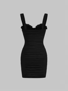 SHEIN MOD 褶邊褶邊緊身吊帶洋裝 - 黑色 - 查看 2