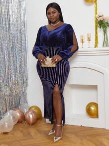 SHEIN Lady Plus Split Thigh Velvet Dress - Blue - View 4