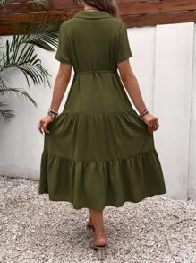 SHEIN 孕婦前紐扣荷葉邊繫腰帶洋裝 - 軍綠色 - 查看 2