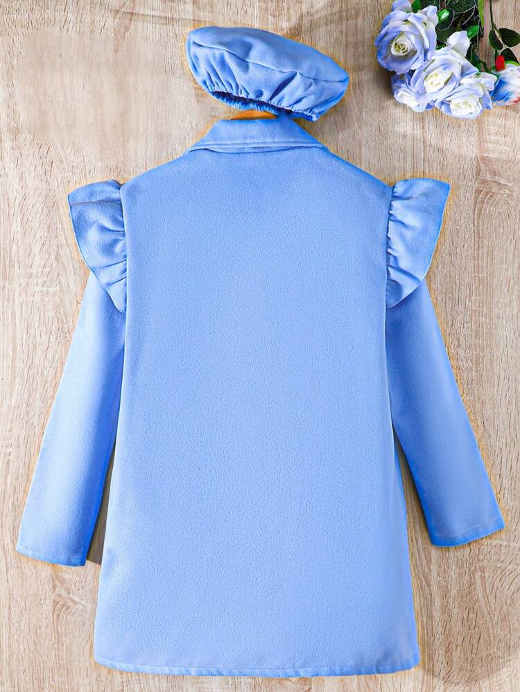 Tween Girl 1pc Ruffle Trim Double Breasted Overcoat & 1pc Hat