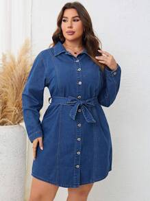 SHEIN LUNE 大碼前紐扣腰帶牛仔洋裝 - 中等水洗藍 - 查看 2