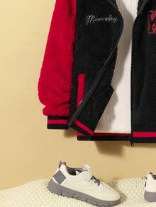 SHEIN 男大童字母刺繡撞色連帽毛絨夾克無毛衣 - 紅色 - 查看 6