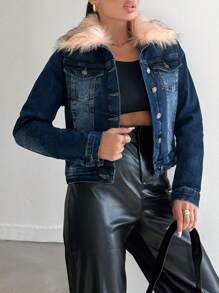 EURMUSE Flap Pocket Borg Collar Denim Jacket - Dark Wash - View 4