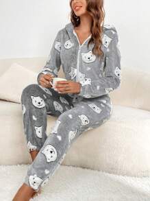 Cartoon Graphic Zip Up Hooded Flannel Sleep Jumpsuit - Grey - View 4