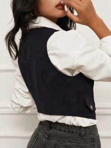 Chiquease 休閒前紐扣純色 撞色女士夾克 - 藏蓝色 - 查看 2