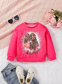 SHEIN Young Girl Letter & Figure Graphic Drop Shoulder Sweatshirt - Hot Pink - View 1