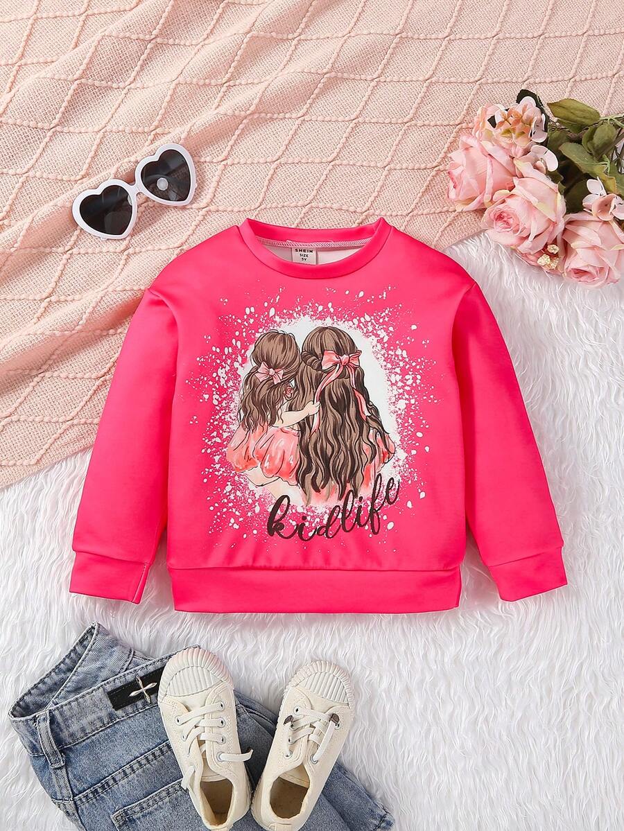 SHEIN Young Girl Letter & Figure Graphic Drop Shoulder Sweatshirt - Hot Pink - View 1