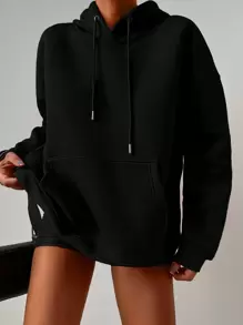 EURMUSE Cotton Pocket Drop Shoulder Drawstring Hoodie - Black - View 6