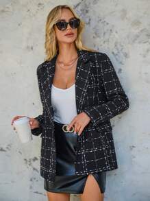 RueChic 格紋圖案西裝領翻蓋細節花呢外套