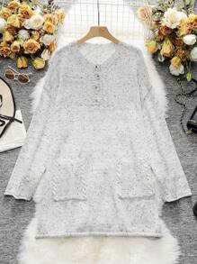 SHEIN LUNE 加大码半扣落肩混色针织套头衫秋冬毛衣 - 灰色 - 查看 4