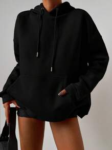 EURMUSE Cotton Pocket Drop Shoulder Drawstring Hoodie - Black - View 3