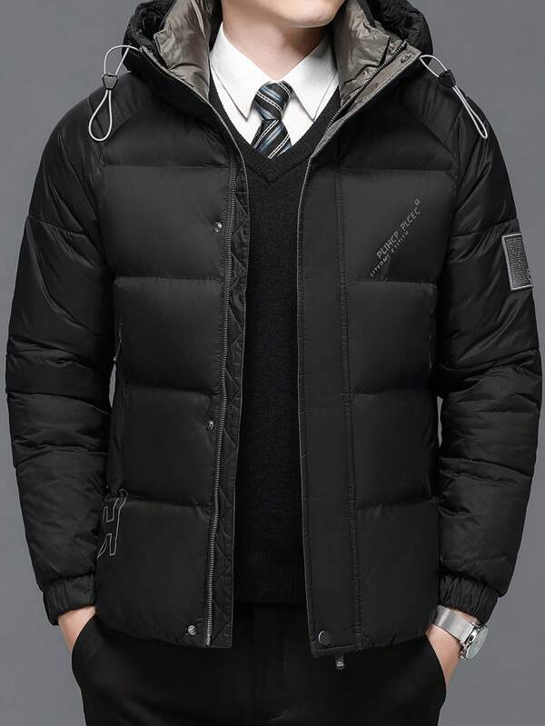 Men Letter Graphic Raglan Sleeve Drawstring Hooded Padded Coat