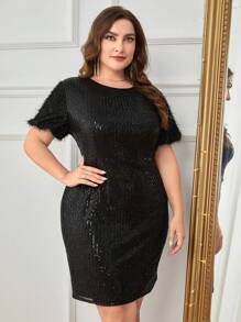 SHEIN LUNE Hơn 	
Fuzzy Cổ tay áo Kim sa Váy liền áo vừa vặn - màu đen - Xem 3