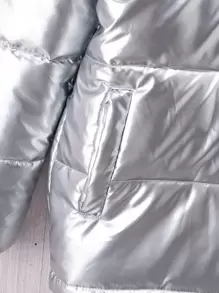 SHEIN Tween Boy Fuzzy Trim Hooded Zipper Metallic Padded Coat Without Sweater - Champagne - View 3