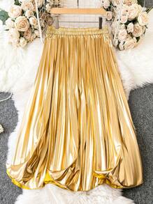 SHEIN Clasi Plus Solid Pleated Skirt - Khaki - View 1