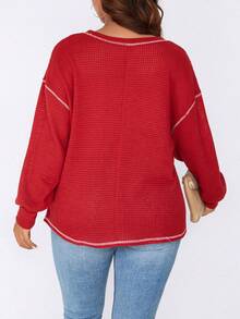 SHEIN LUNE Plus Size Women's Brooch Plaid Waffle T-shirt - Red - View 2