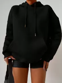 EURMUSE Cotton Pocket Drop Shoulder Drawstring Hoodie - Black - View 4