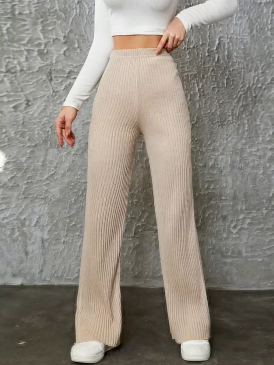 EURMUSE Solid Rib-Knit Wide Leg Pants - Apricot - View 1