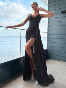 RueChic Draped Side Split Thigh Cami Dress - Black - View 1