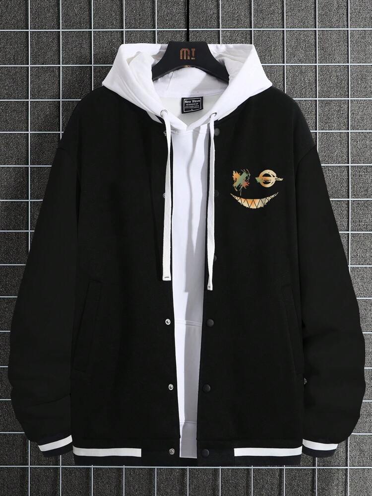 Men's Cartoon Printed Striped Trim Jacket