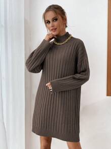 High Neck Drop Shoulder Ribbed Knit Sweater Dress Without Belt - Mocha Brown - View 3