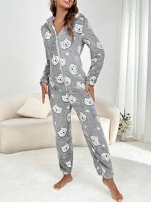 Cartoon Graphic Zip Up Hooded Flannel Sleep Jumpsuit - Grey - View 6