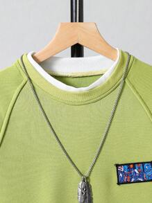 Chico preadolescente Pullover con estampado de letra de manga raglán sin collar - Verde - Ver 3