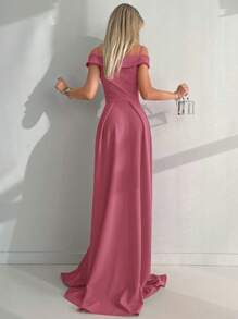 EURMUSE Cold Shoulder Split Thigh Maxi Dress - Rose Red - View 2