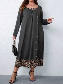 SHEIN LUNE 大碼豹紋印花紐扣細節洋裝 - 灰色 - 查看 5