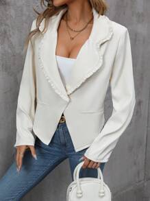 SHEIN Clasi Lapel Neck Frill Trim Blazer - Apricot - View 6