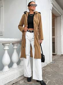 EURMUSE Hooded Overcoat With Drawstring Waist And Double Pockets - Camel - View 5