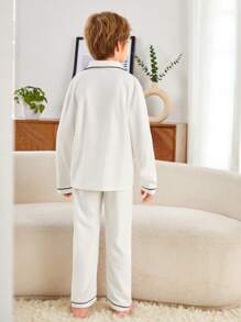 SHEIN Tween Boy Embroidery Letter Pattern Contrast Piping PJ Set