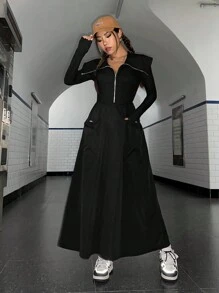 SHEIN EZwear Dây kéo Túi Kép Đầm - màu đen - Xem 4