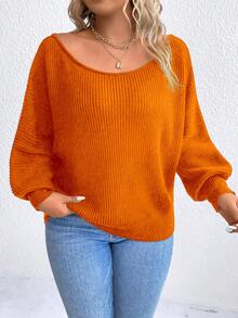 SHEIN LUNE Talla grande Jersey tejido de canalé de manga murciélago - Naranja - Ver 5