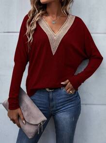 SHEIN LUNE Guipure Lace Panel Batwing Sleeve Tee - Burgundy - View 4