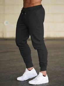 Manfinity Homme Men Solid Drawstring Waist Jogger Sweatpants, For Husband, Boyfriend Gifts - Black - View 3
