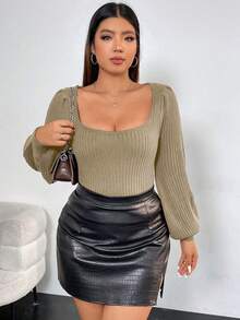 Flirla Plus Square Neck Lantern Sleeve Ribbed Knit Sweater - Apricot - View 5