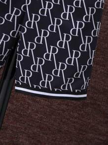 SHEIN Tween Boy Summer Casual Streetwear Daily Commute Letter Print Contrast Striped Tape Trim Short Sleeve T-Shirt And Shorts Set - Black - View 5