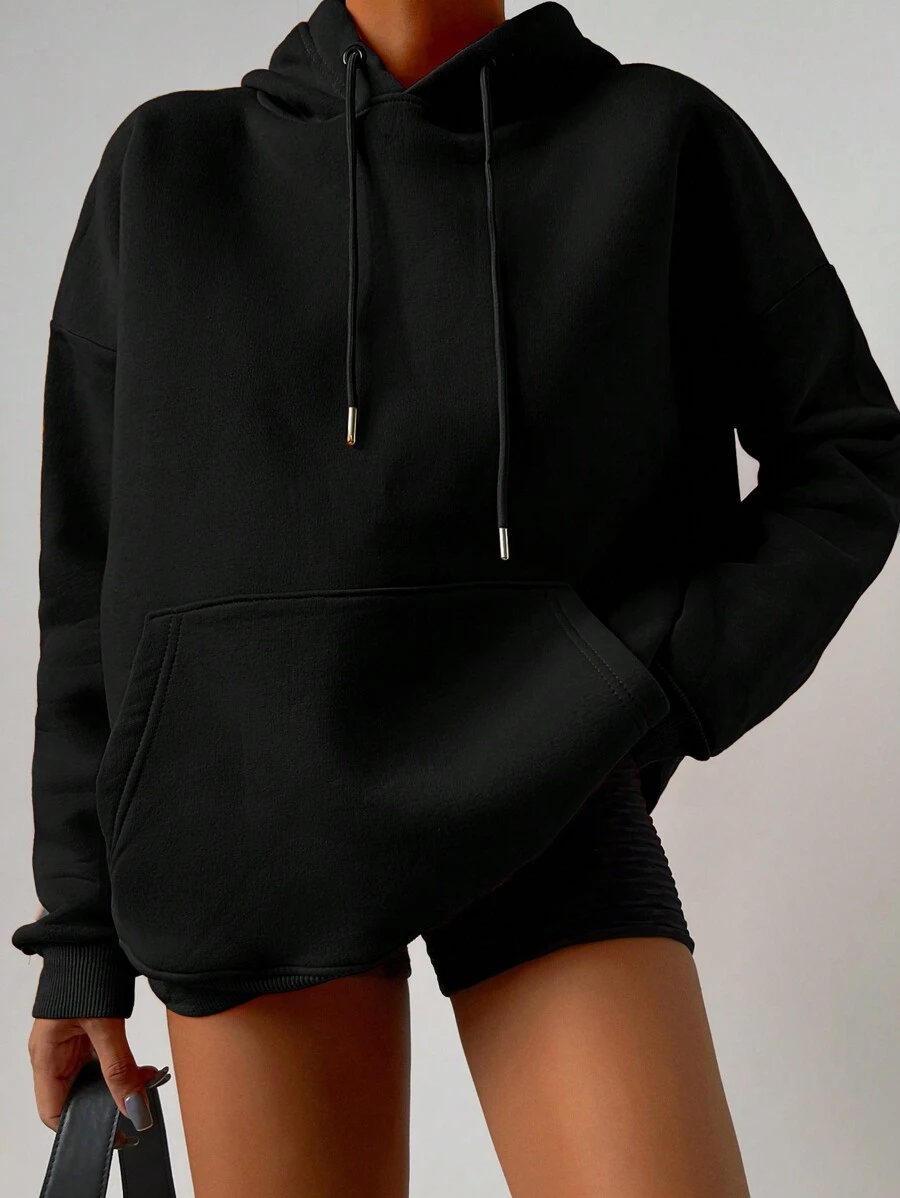 EURMUSE Cotton Pocket Drop Shoulder Drawstring Hoodie - Black - View 1