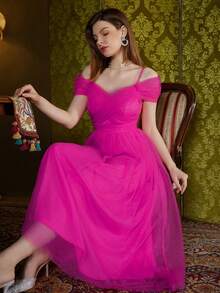 Cold Shoulder Mesh Overlay Formal Bridesmaid Dresses Elegant Prom Semi Formal Wedding Guest Dress, For Birthday, Graduation, Homecoming Party Dress - Hot Pink - View 3