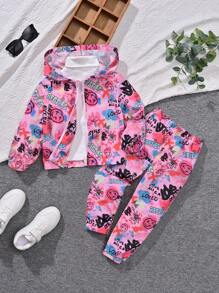 SHEIN Young Girl Cartoon Graphic Zipper Up Hooded Jacket & Pants Without Tee - Multicolor - View 1