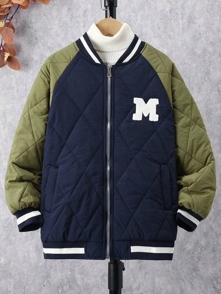 Tween Boy Letter Patched Raglan Sleeve Padded Coat