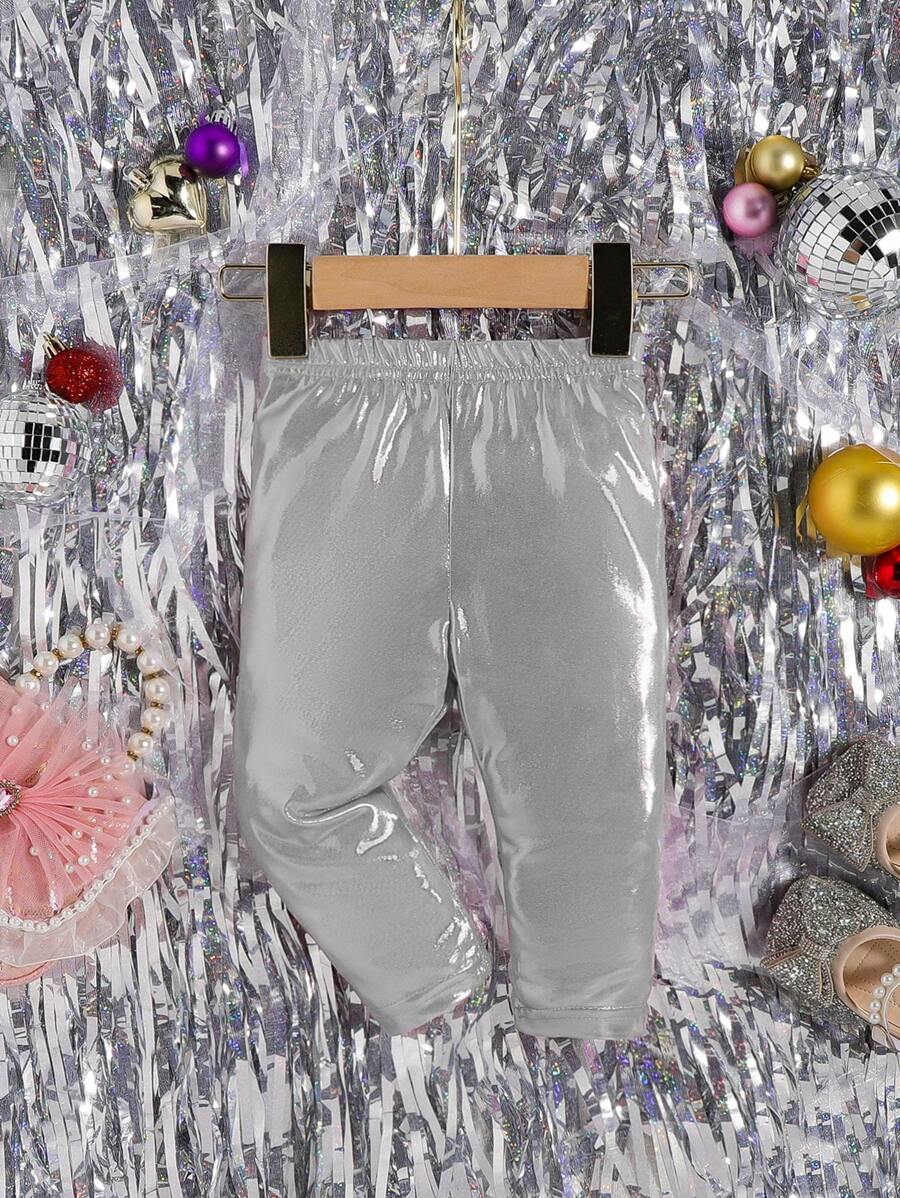 Baby Girl Solid Elastic Waist Metallic Pants - Silver - View 1