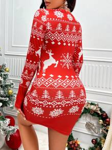 Allurite Christmas Print Bodycon Dress - Red - View 2