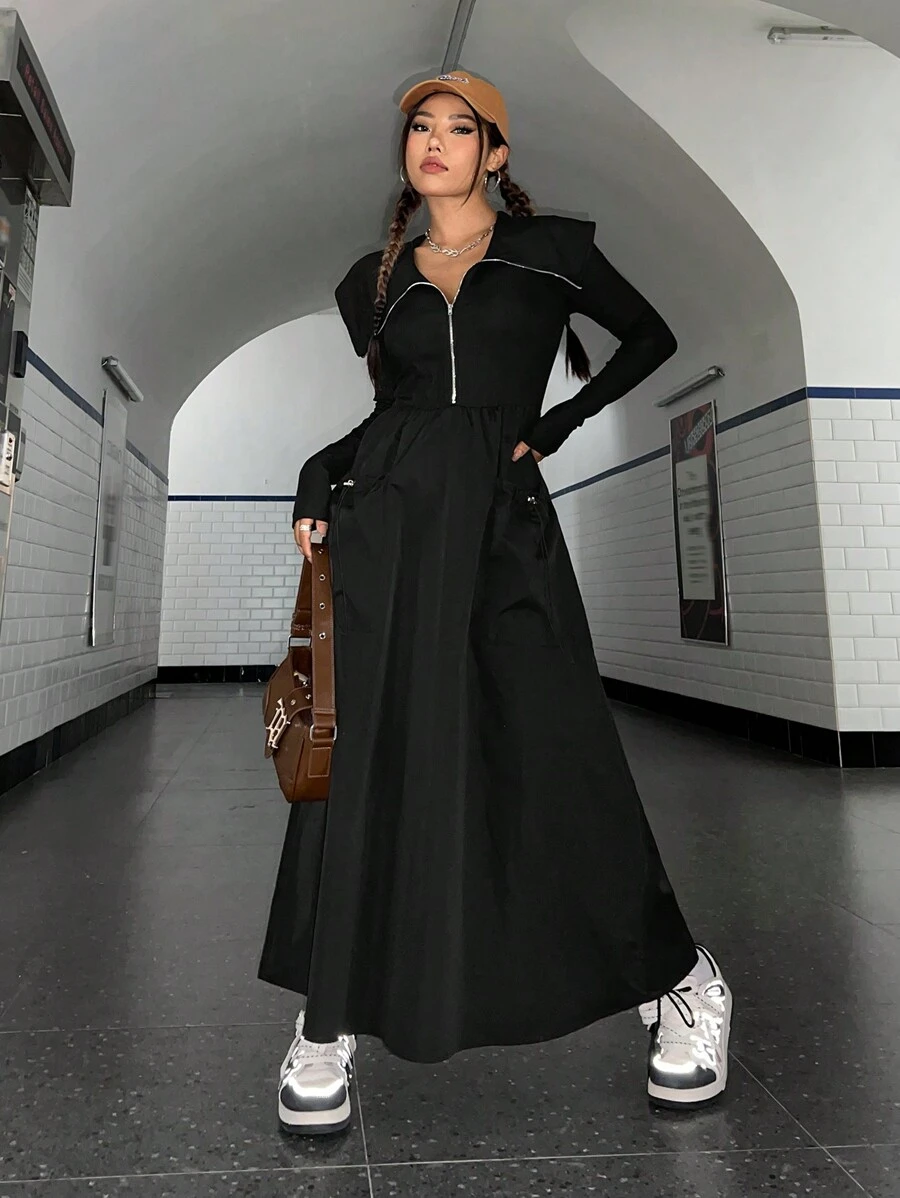 SHEIN EZwear Dây kéo Túi Kép Đầm - màu đen - Xem 1